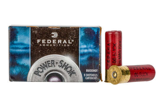 Federal 12 gauge 2 3/4" or 70mm ammunition loaded with 00 buck pellets with 5 shells per box.